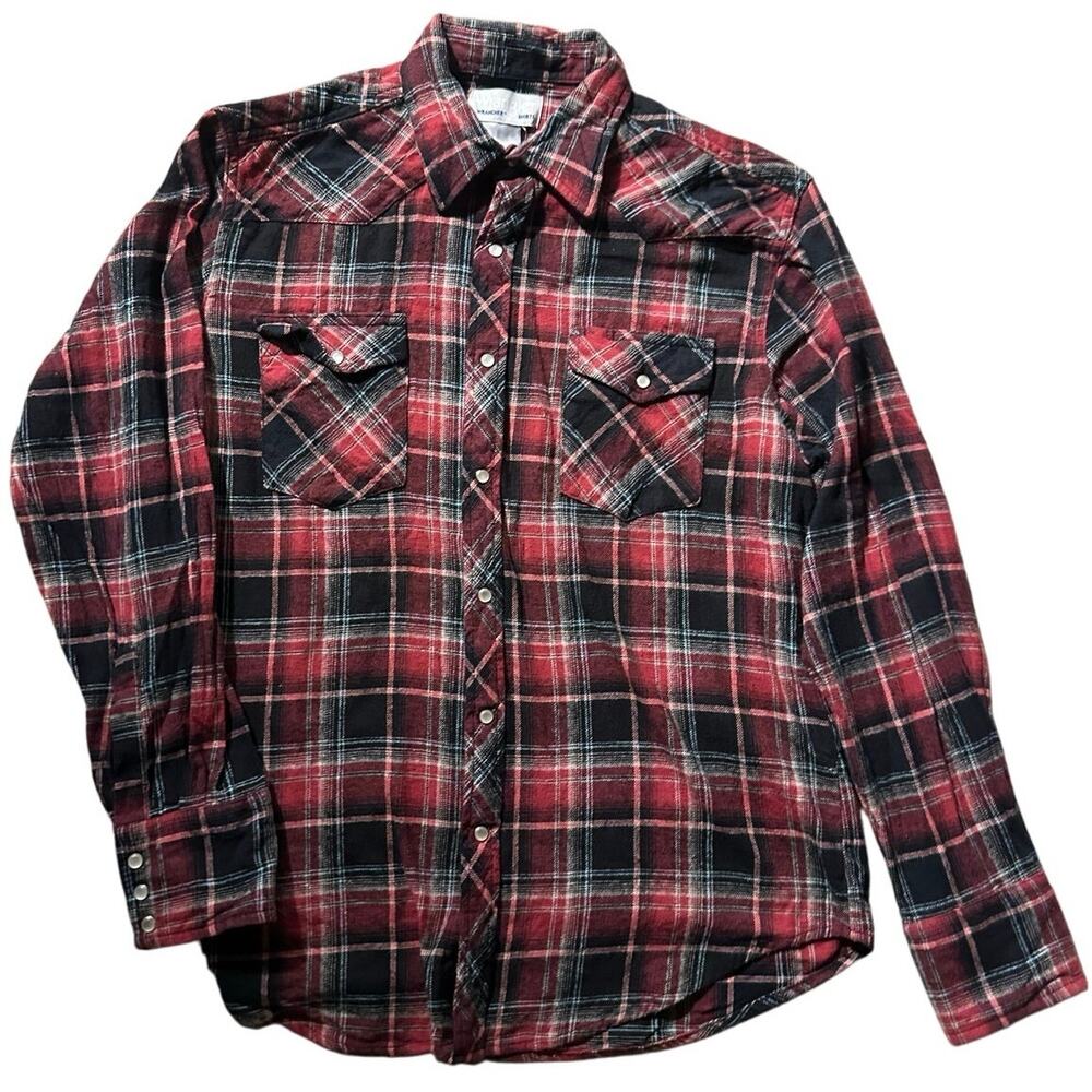 Wrangler Western Wrancher Large Plaid Red Black Shirt